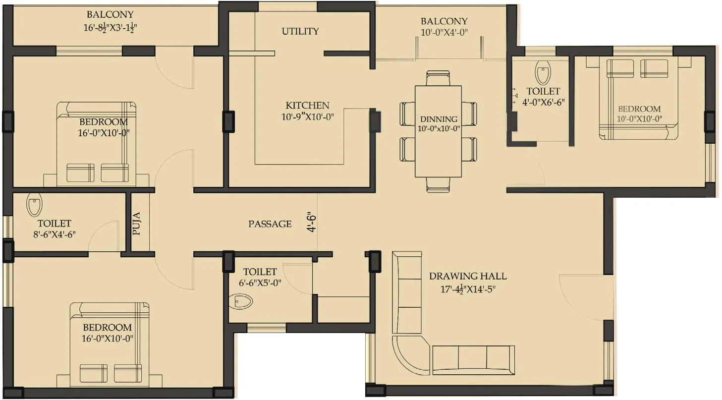 FLOOR PLAN A (3 BHK + 3T) — Architectural Floor Plan — Soul Space Infrastructure Architectural Development