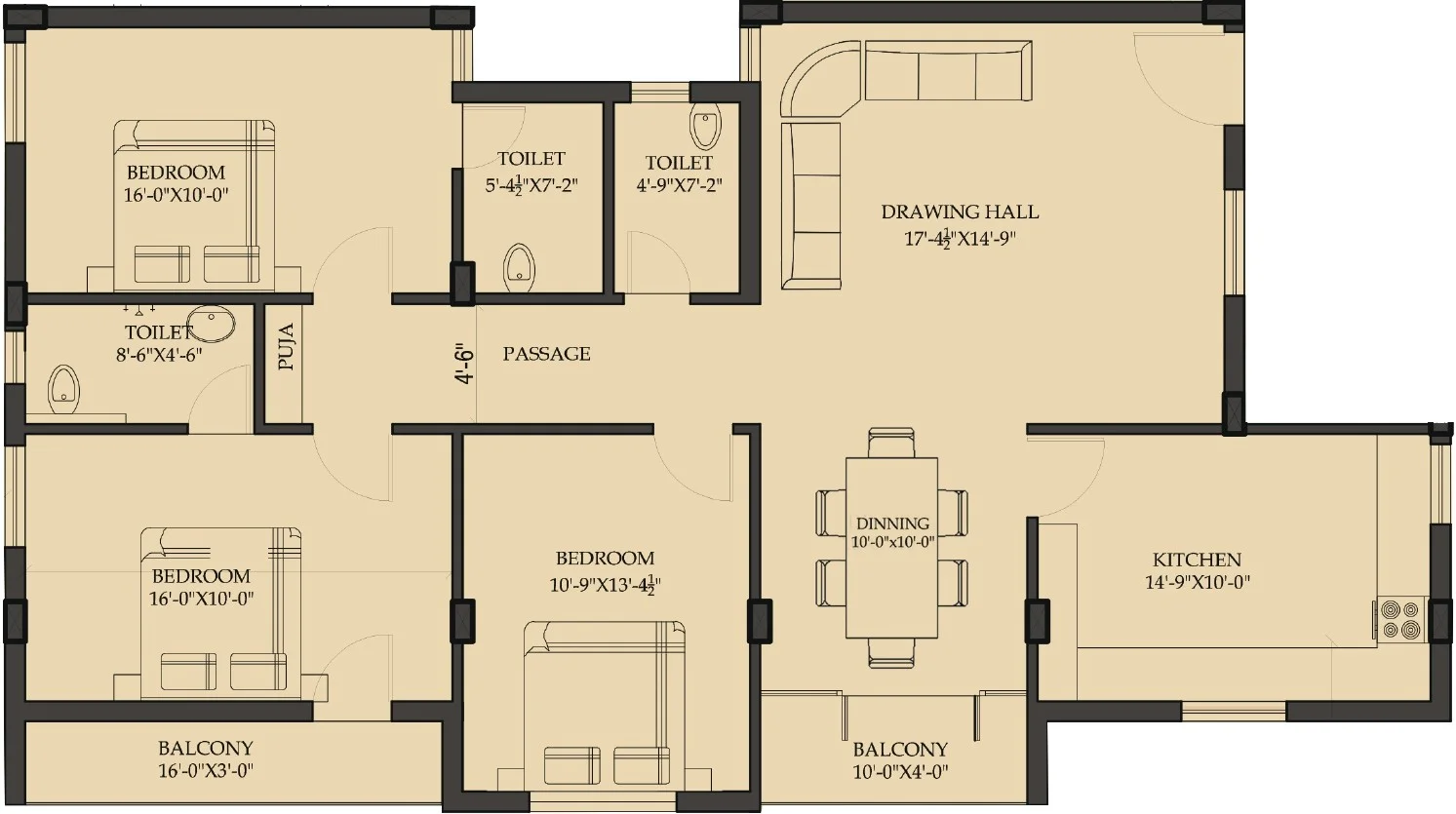 Floor Plan B — 3 BHK + 3T (1,655 Sq.Ft.) — Soul Space Infrastructure Architectural Development