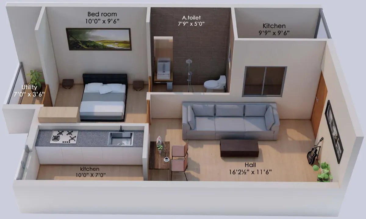 1BHK (SOUTH) Isometric Plan — Soul Space Infrastructure Architectural Development