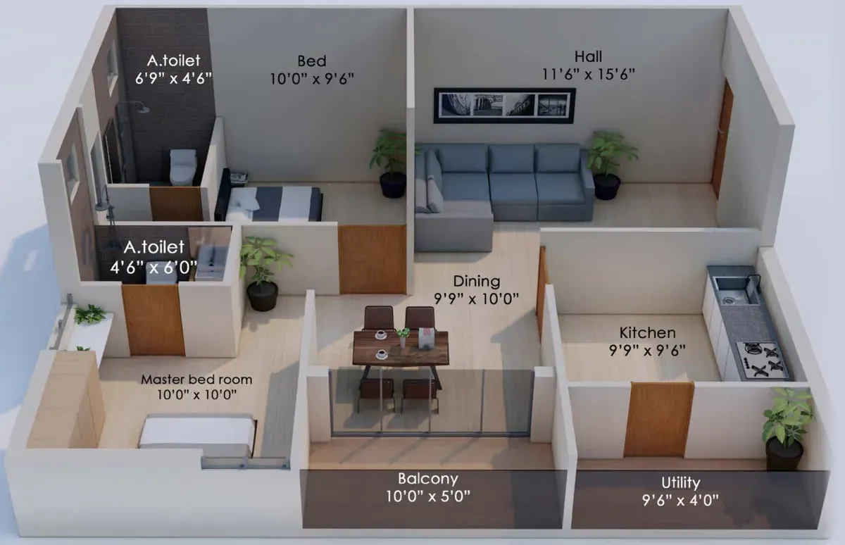 2BHK (EAST) Isometric Plan — Soul Space Infrastructure Architectural Development
