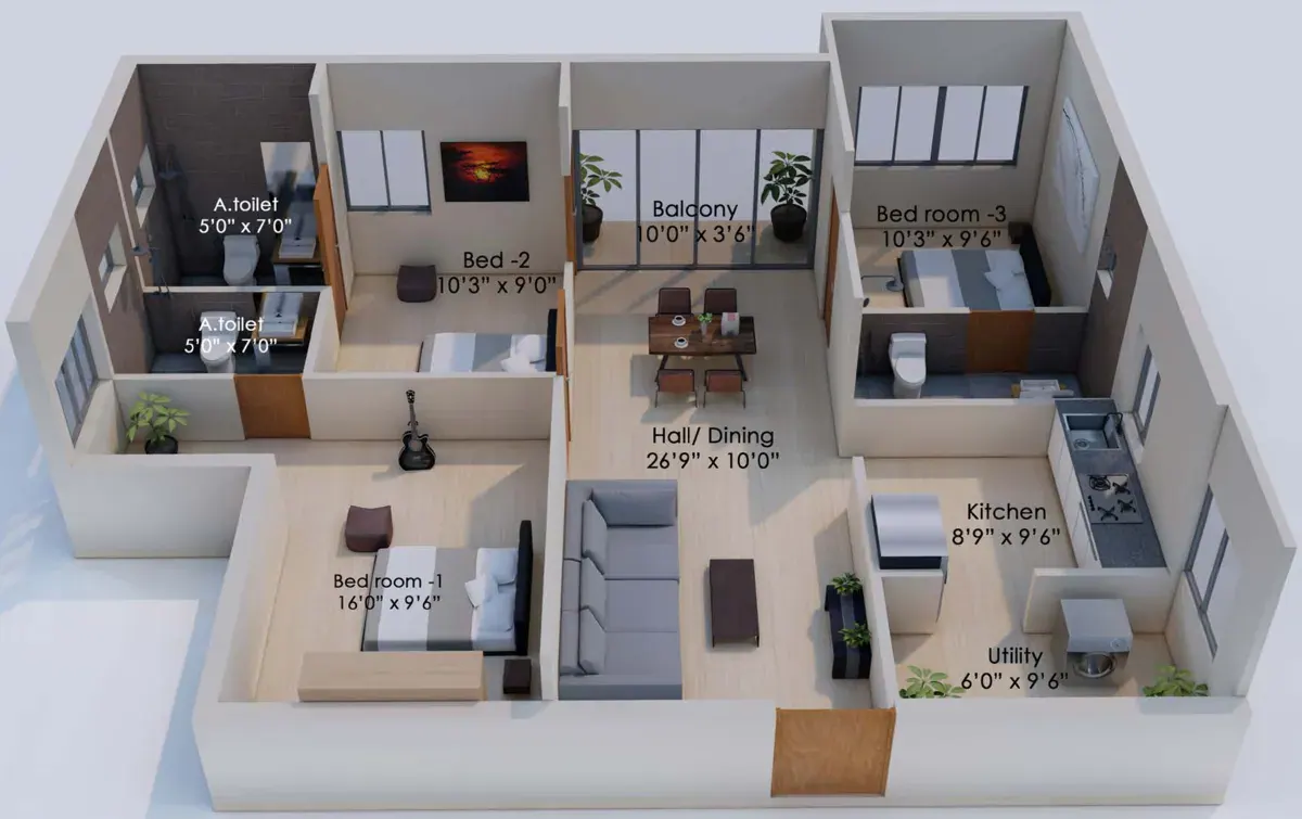 3BHK (SOUTH) Isometric Plan — Soul Space Infrastructure Architectural Development